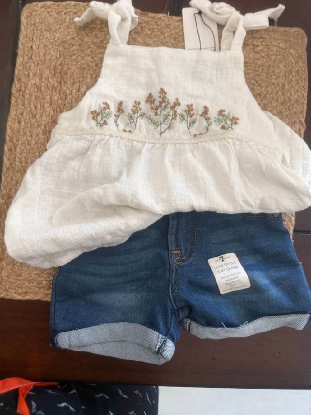 7 For All Mankind White Linen Top with Tan Logo Patch and denim shorts